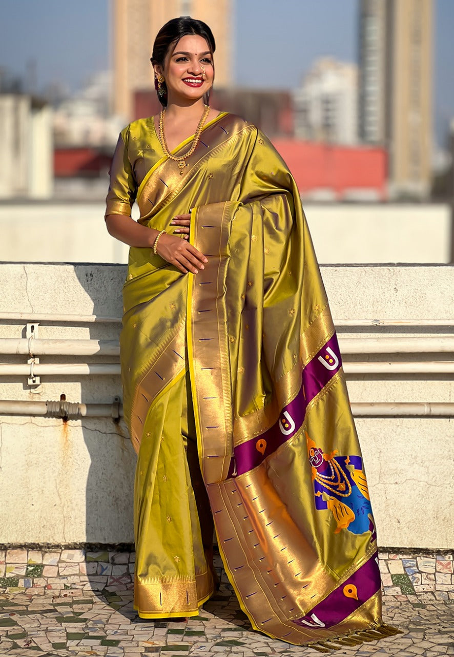 Mehendi Green Zari Woven Vitthala God Special Paithani Silk Saree Banarasi Silk Saree Anant Tex Exports Pvt.Ltd..