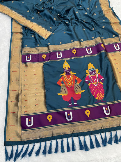 Rama Blue Zari Woven Vitthala God Special Paithani Silk Saree Banarasi Silk Saree Anant Tex Exports Pvt.Ltd..