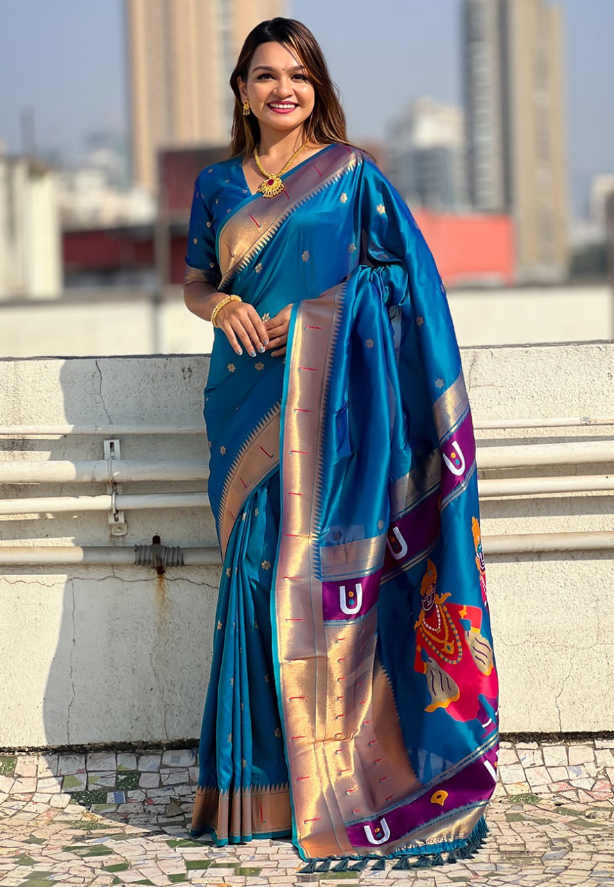Rama Blue Zari Woven Vitthala God Special Paithani Silk Saree Banarasi Silk Saree Anant Tex Exports Pvt.Ltd..
