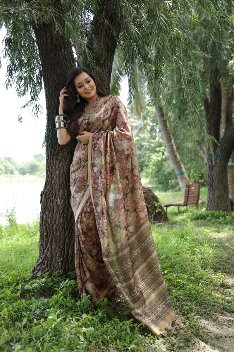 Brown Pure Soft Tussar Silk Saree