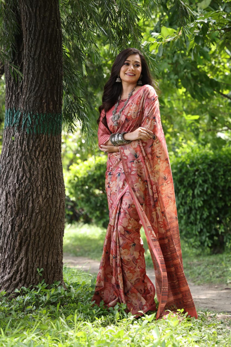 Peach Pure Soft Tussar Silk Saree