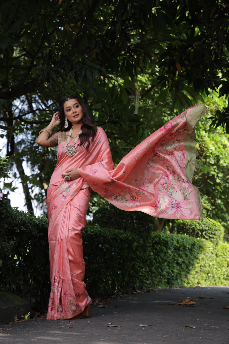 Pink Pure Soft Tussar Silk Saree