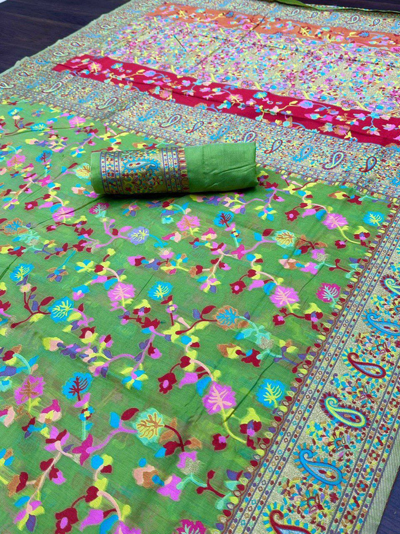 Green Pure Soft Pashmina Kachi Work Saree