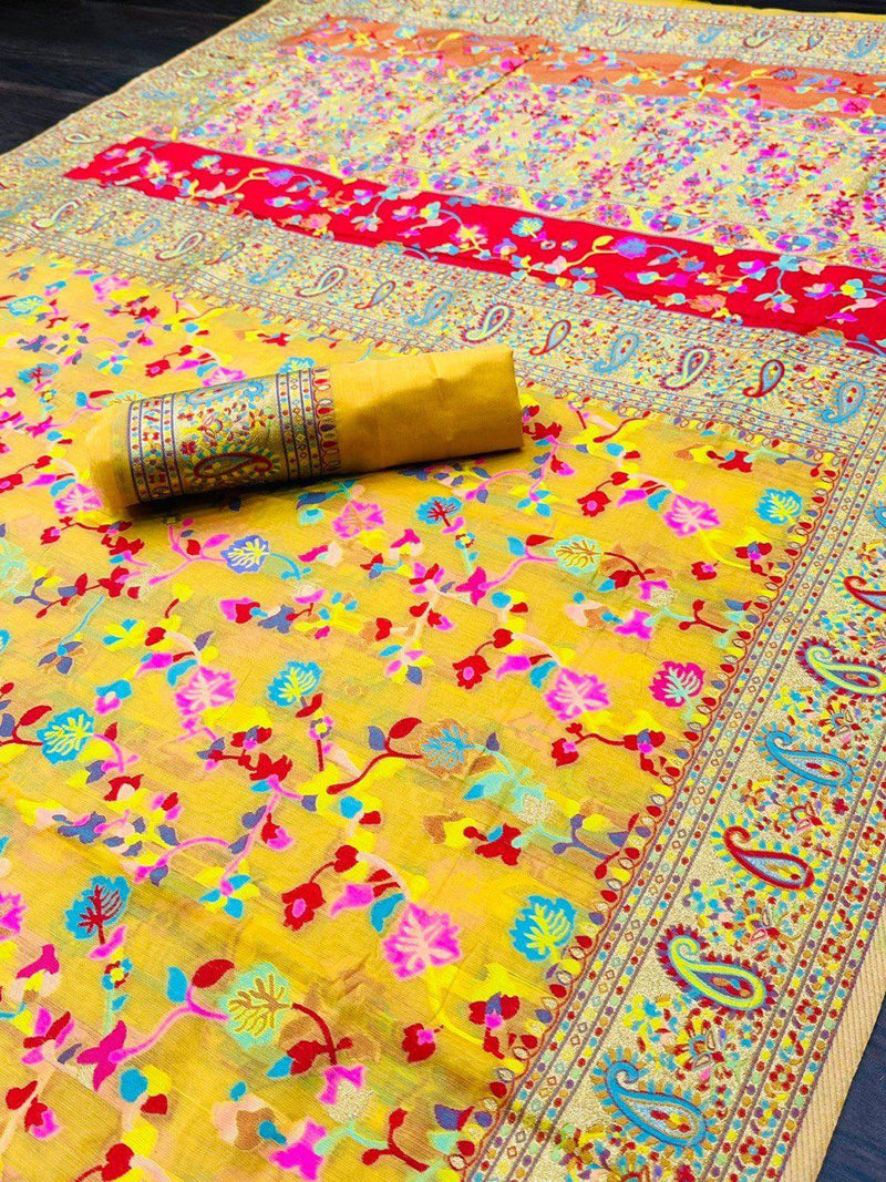 Yellow Pure Soft Pashmina Kachi Work Saree