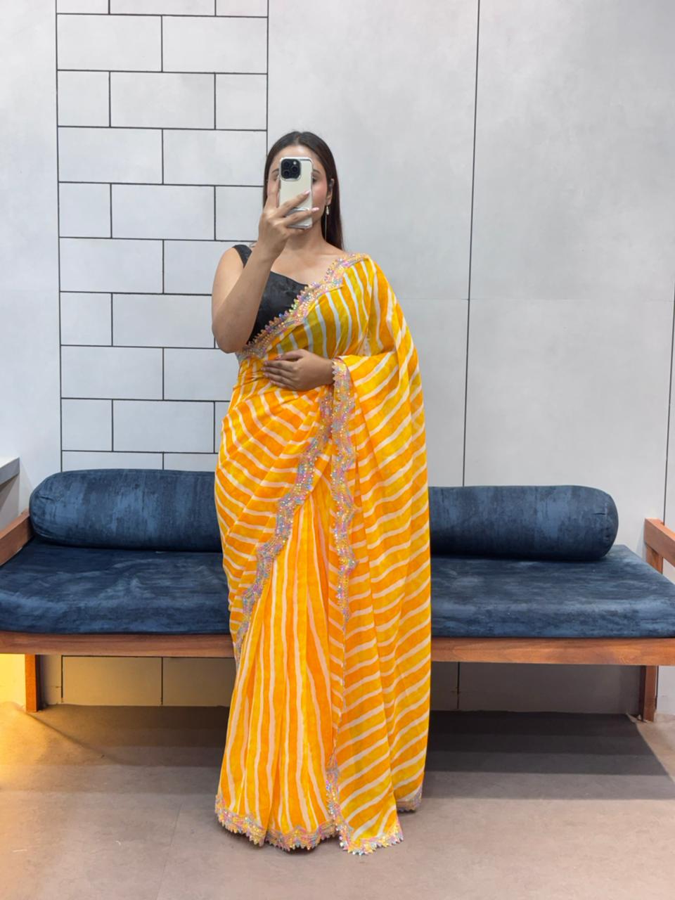 Yellow Pure Soft Georgette Lehariya Print Saree Georgette Saree Anant Tex Exports Pvt.Ltd..
