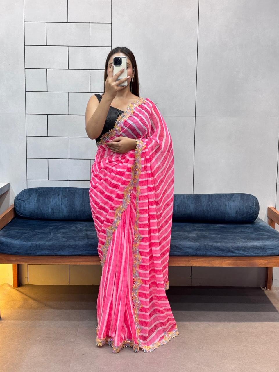 Pink Pure Soft Georgette Lehariya Print Saree Georgette Saree Anant Tex Exports Pvt.Ltd..