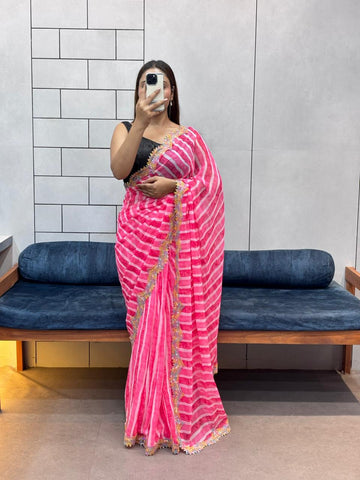Pink Pure Soft Georgette Lehariya Print Saree