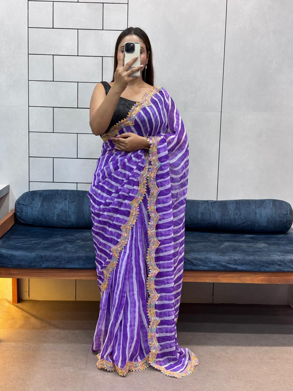 Blue Pure Soft Georgette Lehariya Print Saree Georgette Saree Anant Tex Exports Pvt.Ltd..