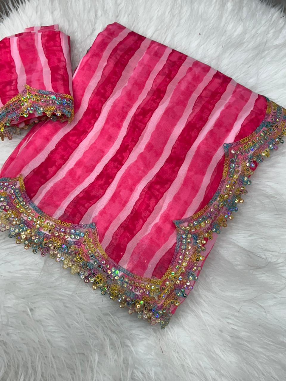 Pink Pure Soft Georgette Lehariya Print Saree