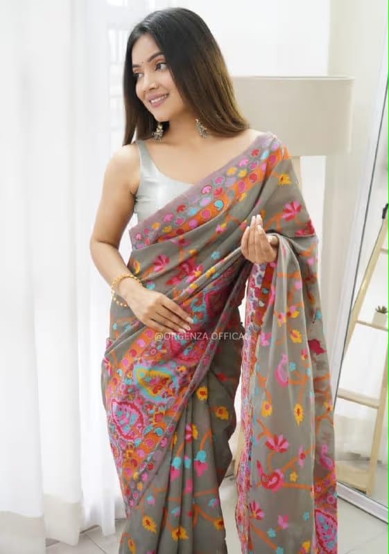 Grey Pure Soft Pashmina Kachi Work Saree