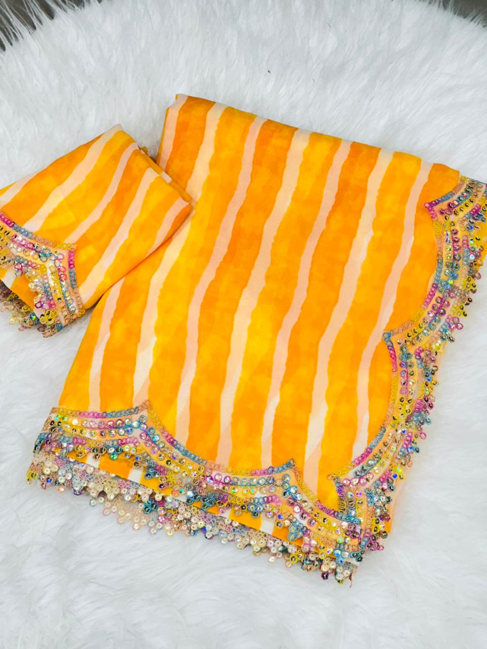 Yellow Pure Soft Georgette Lehariya Print Saree Georgette Saree Anant Tex Exports Pvt.Ltd..