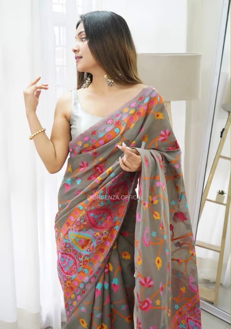 Grey Pure Soft Pashmina Kachi Work Saree