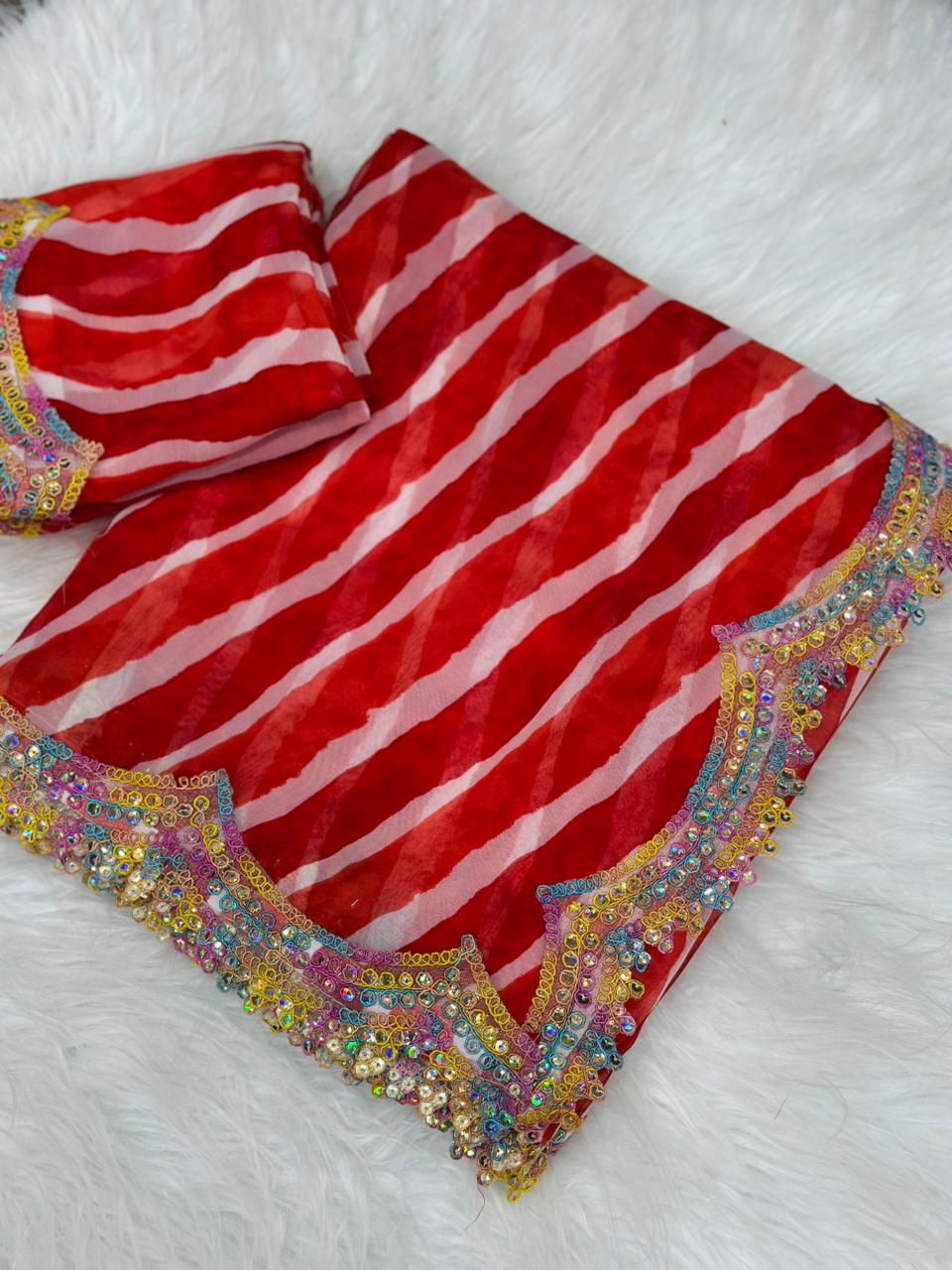 Red Pure Soft Georgette Lehariya Print Saree Georgette Saree Anant Tex Exports Pvt.Ltd..