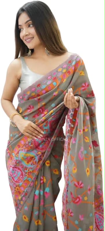 Grey Pure Soft Pashmina Kachi Work Saree