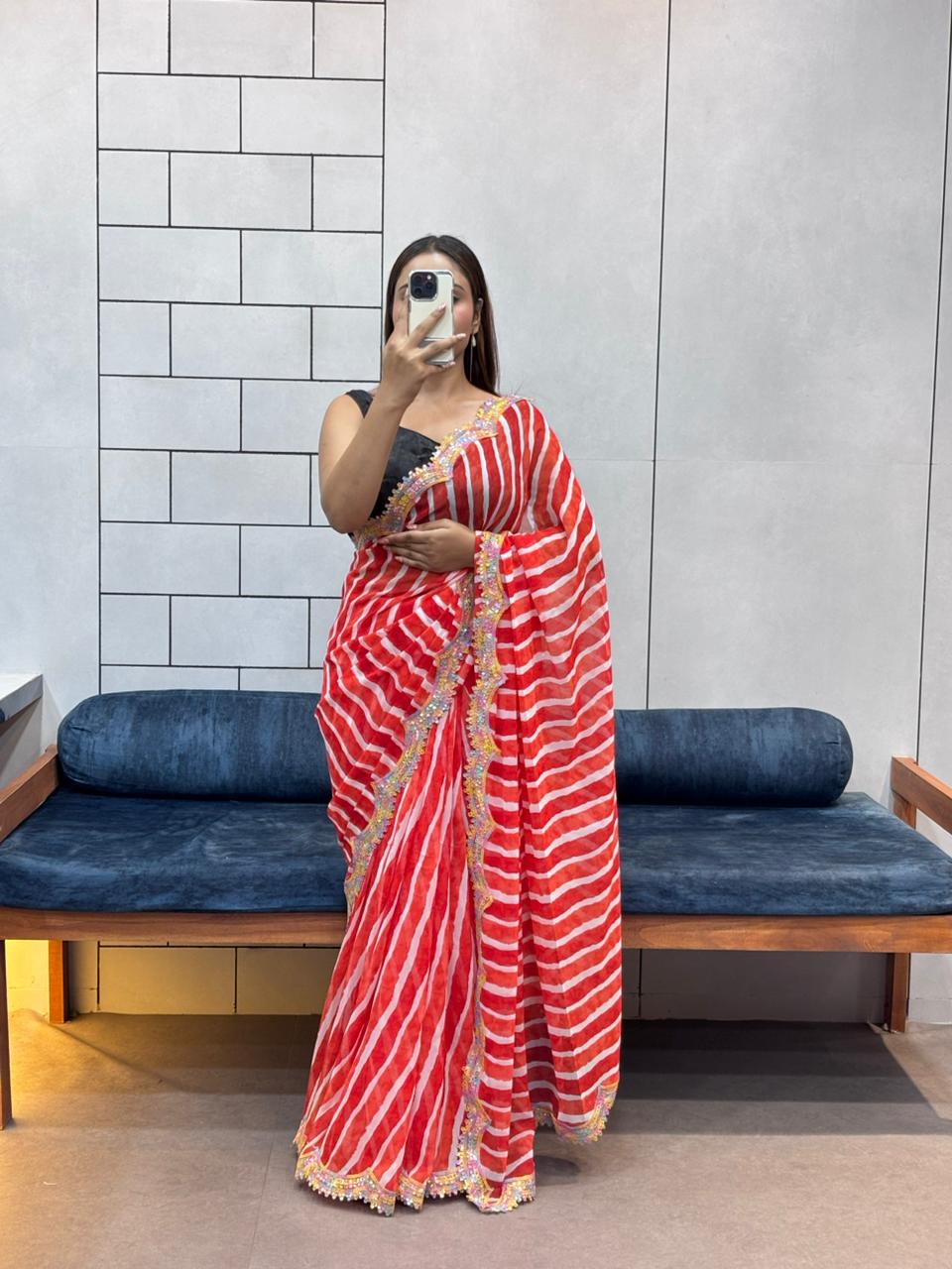 Red Pure Soft Georgette Lehariya Print Saree Georgette Saree Anant Tex Exports Pvt.Ltd..
