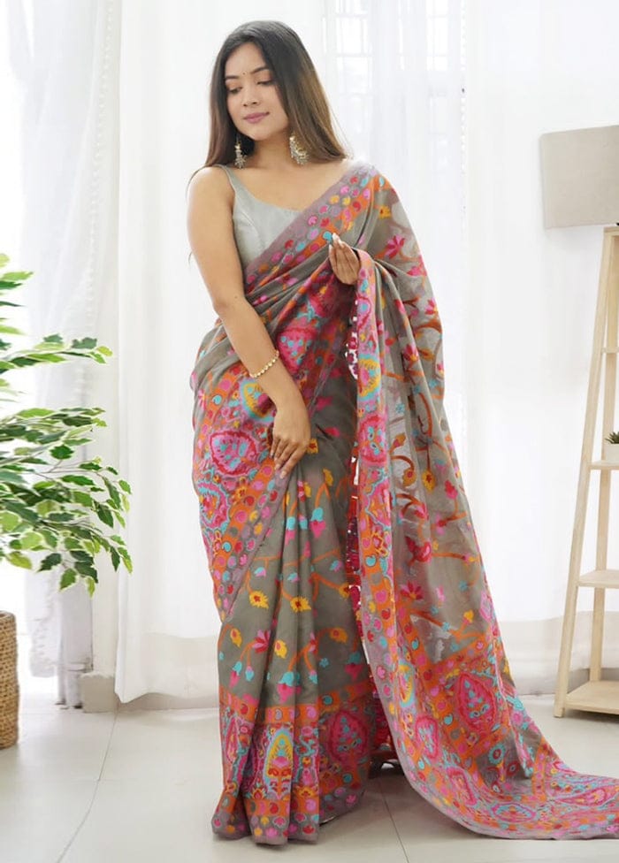 Grey Pure Soft Pashmina Kachi Work Saree Pashmina Saree Anant Tex Exports Pvt.Ltd..