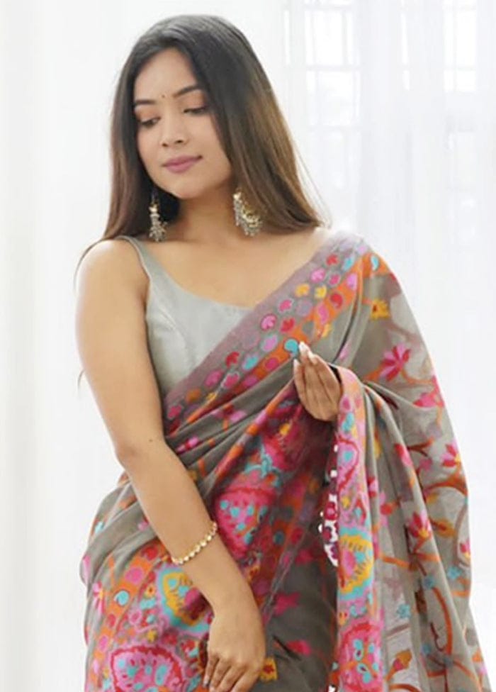 Grey Pure Soft Pashmina Kachi Work Saree