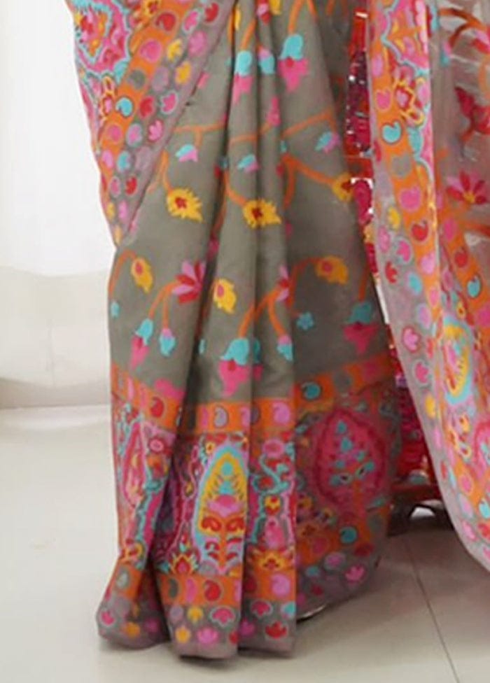 Grey Pure Soft Pashmina Kachi Work Saree Pashmina Saree Anant Tex Exports Pvt.Ltd..