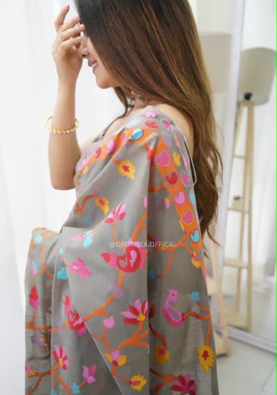 Grey Pure Soft Pashmina Kachi Work Saree Pashmina Saree Anant Tex Exports Pvt.Ltd..