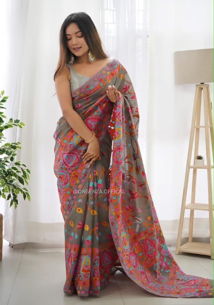Grey Pure Soft Pashmina Kachi Work Saree
