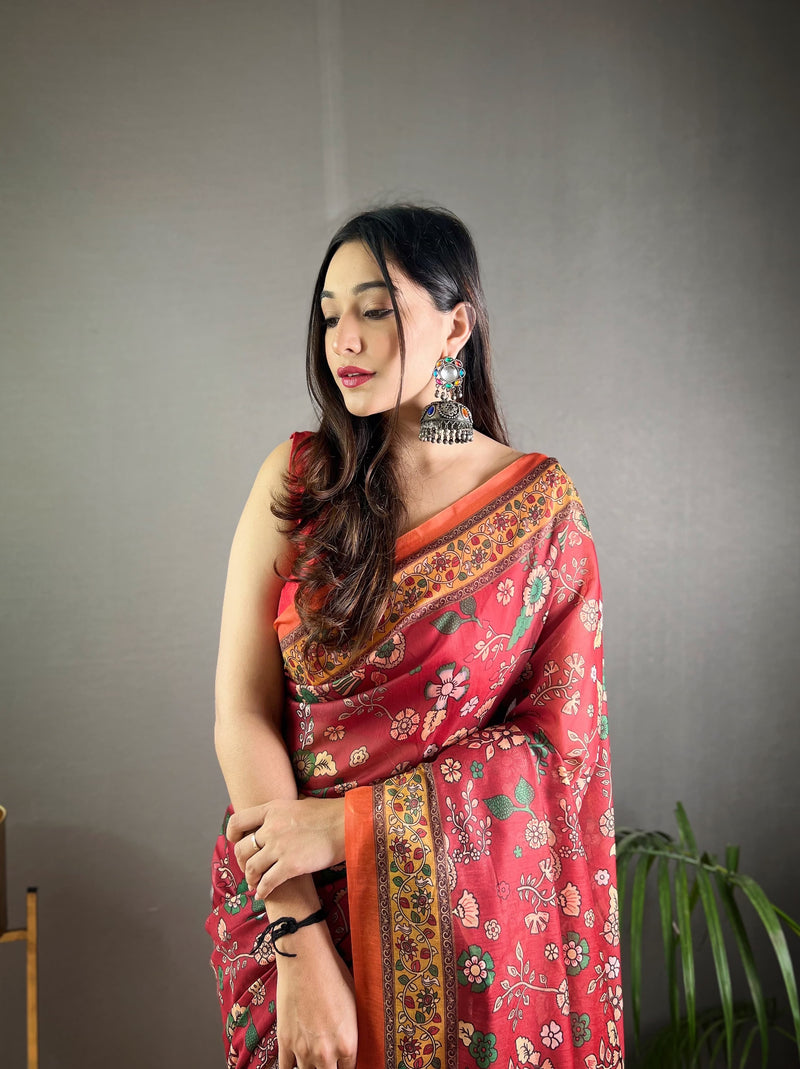 Red Pure Malai Cotton Kalamkari Print Saree