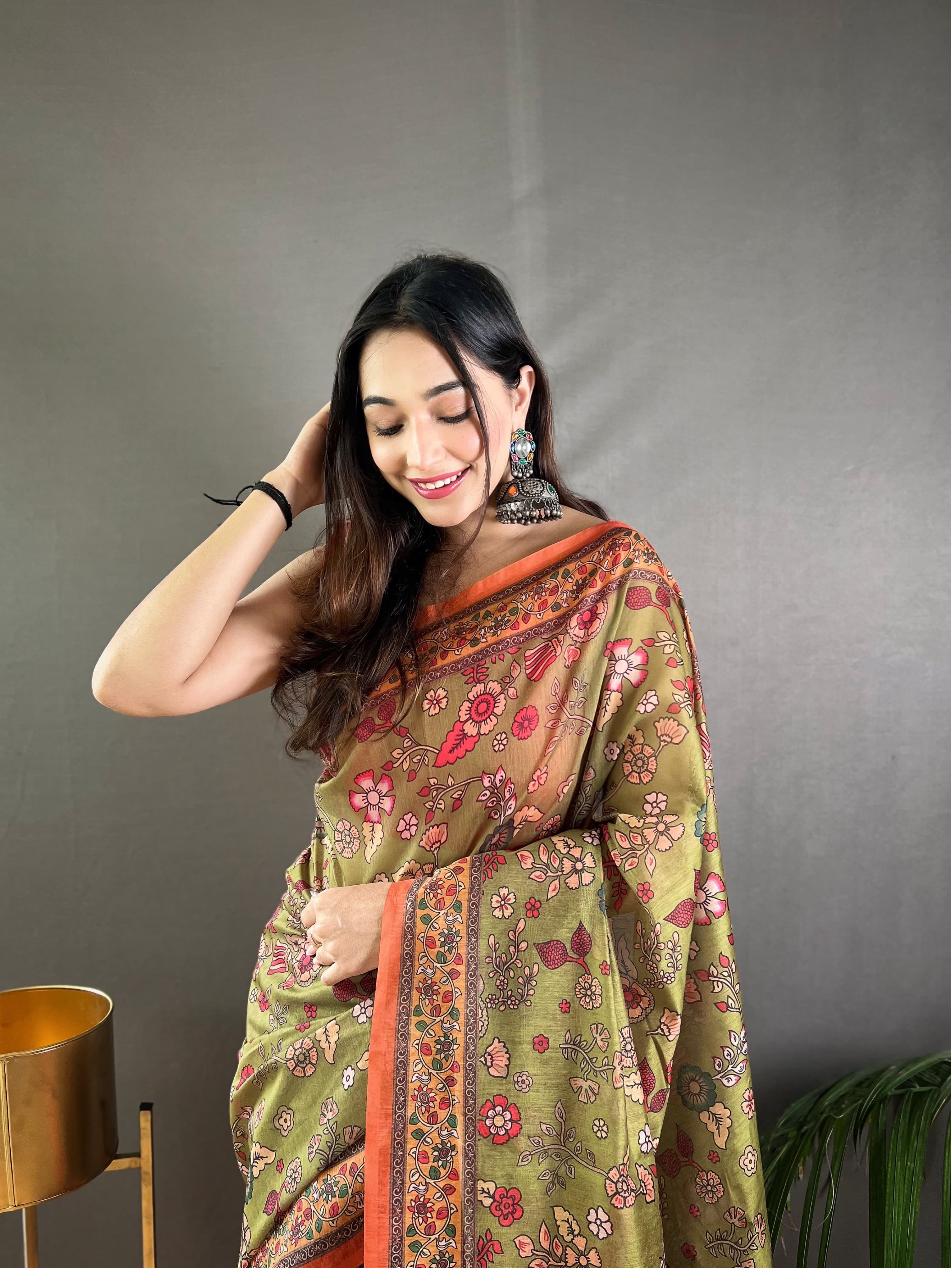 Mehandi Pure Malai Cotton Kalamkari Print Saree
