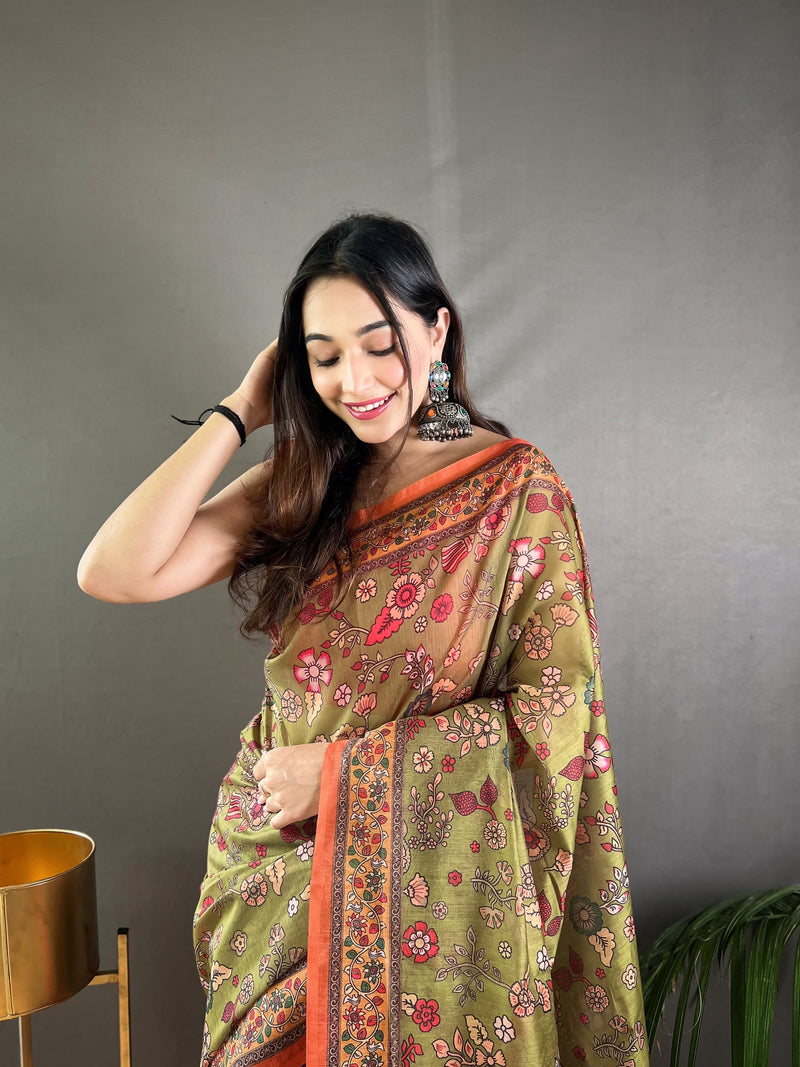 Mehandi Pure Malai Cotton Kalamkari Print Saree