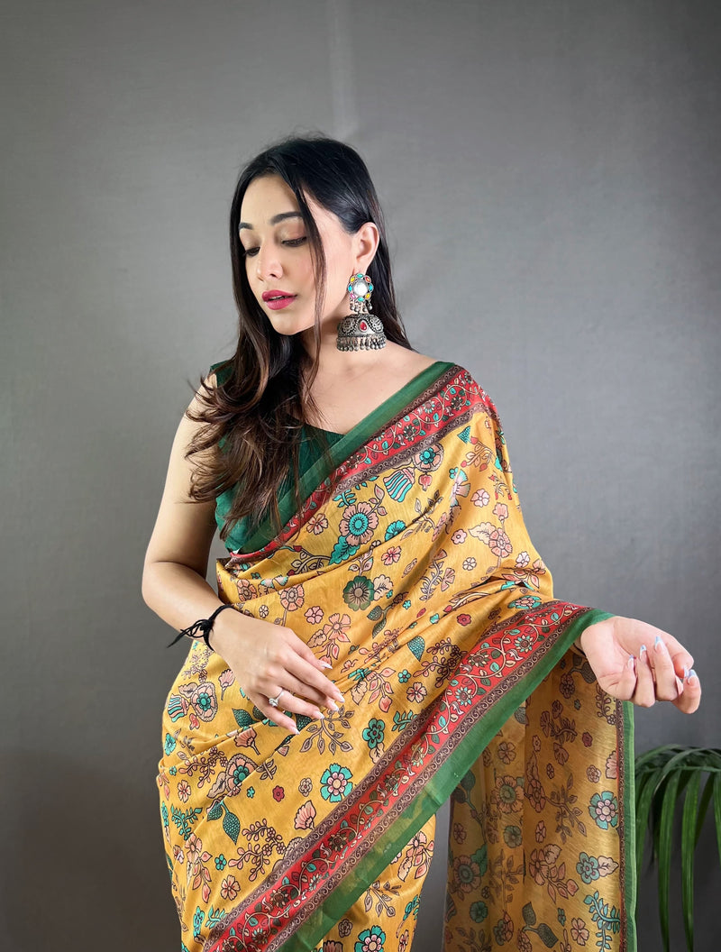 Mustard Pure Malai Cotton Kalamkari Print Saree