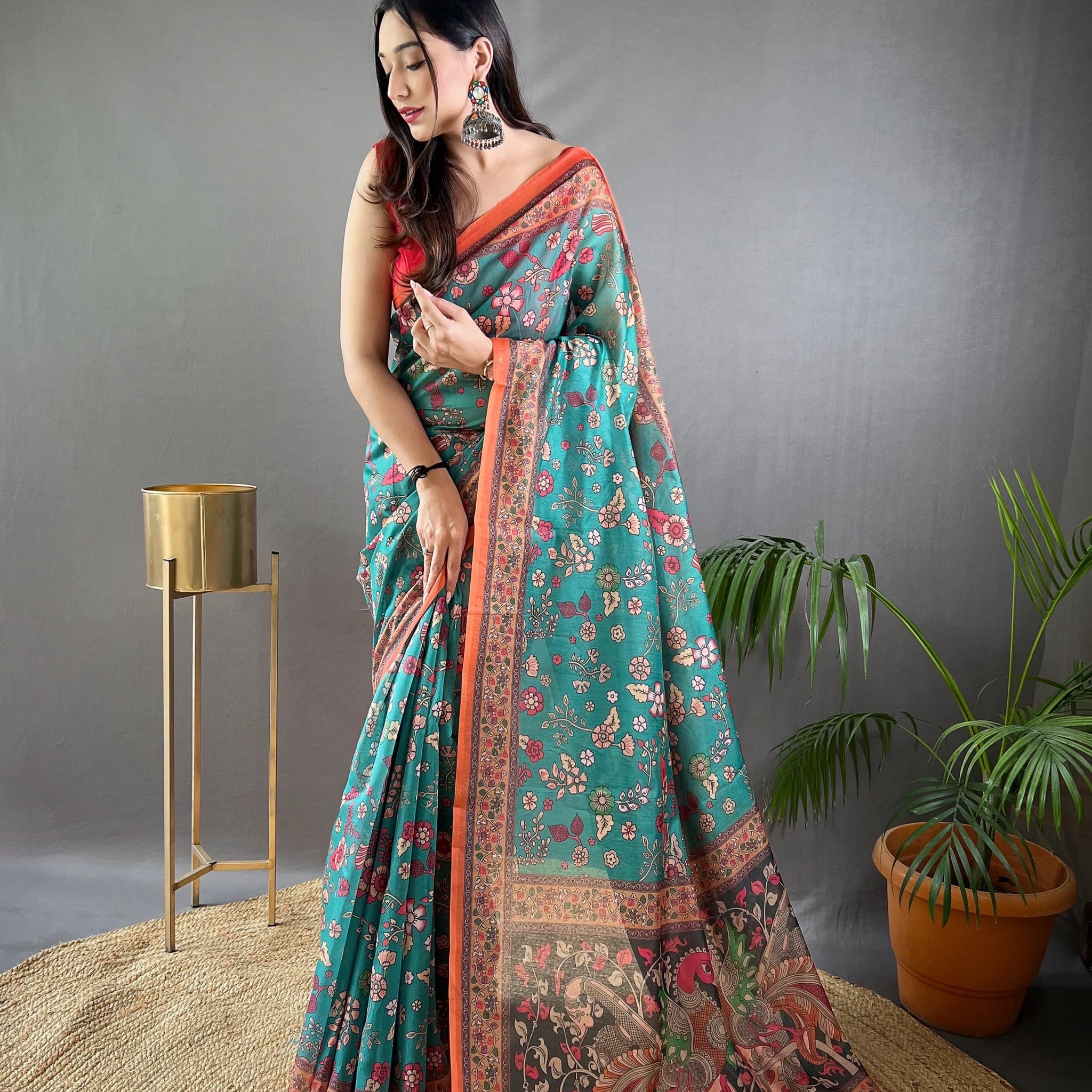 Green Pure Malai Cotton Kalamkari Print Saree
