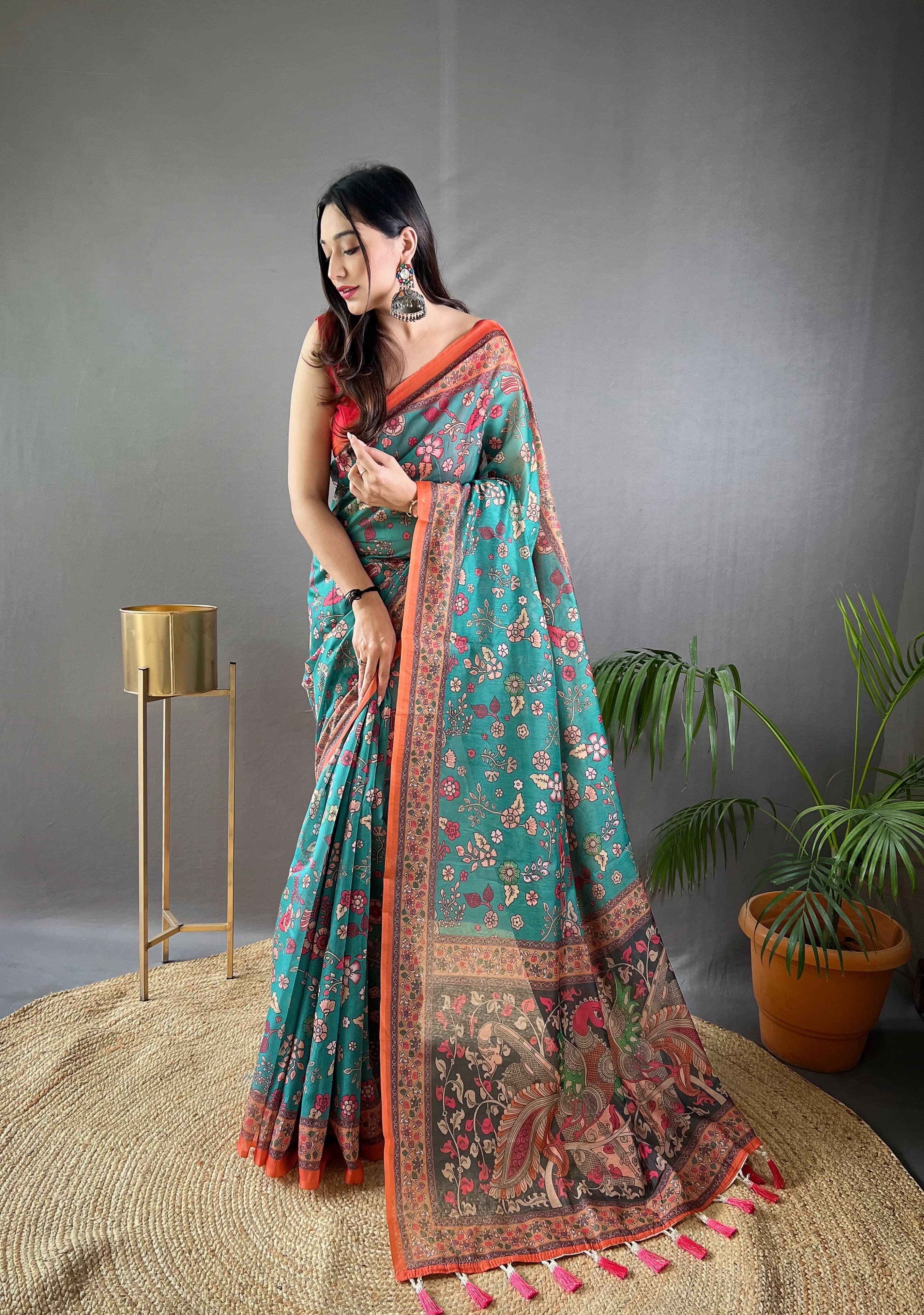 Green Pure Malai Cotton Kalamkari Print Saree