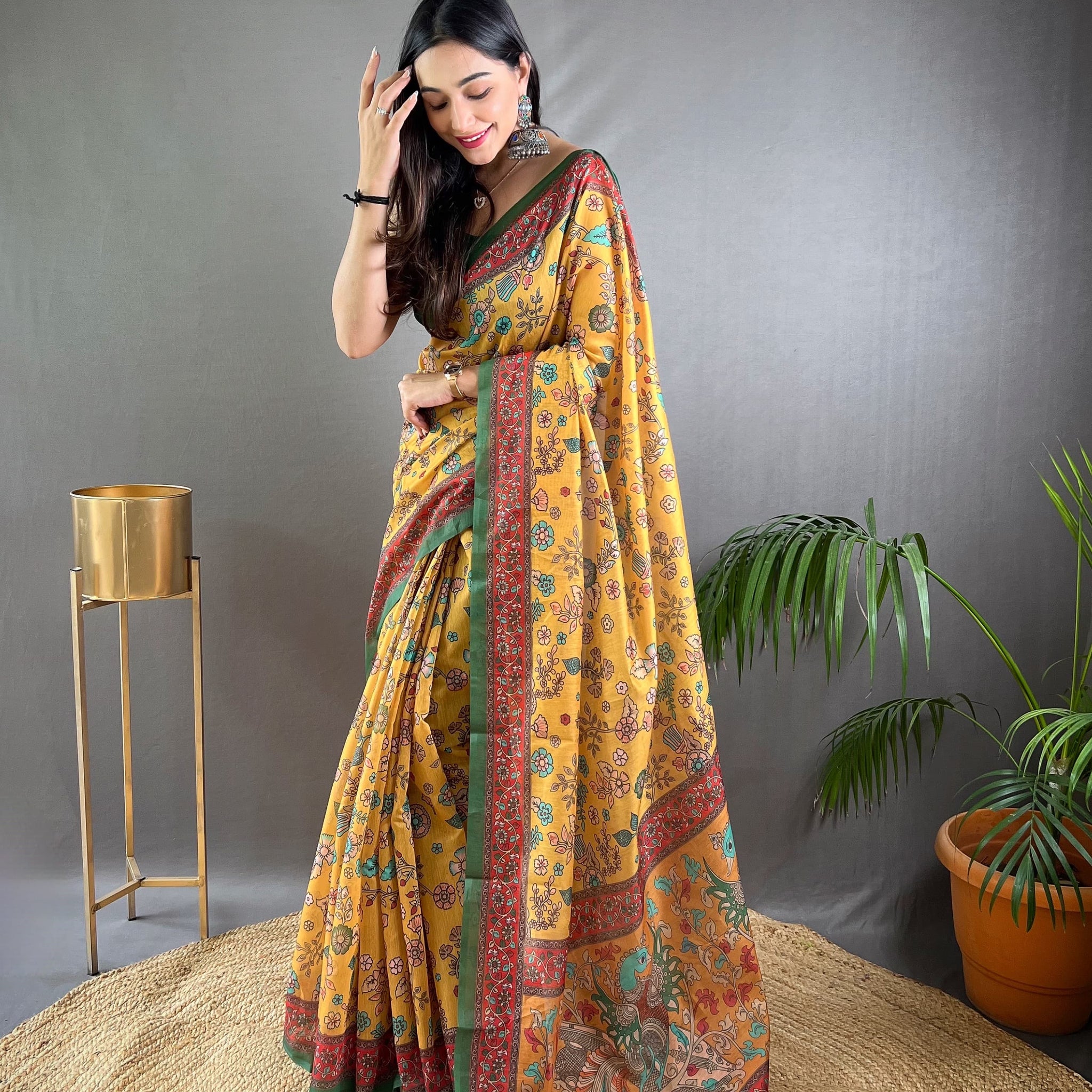 Mustard Pure Malai Cotton Kalamkari Print Saree