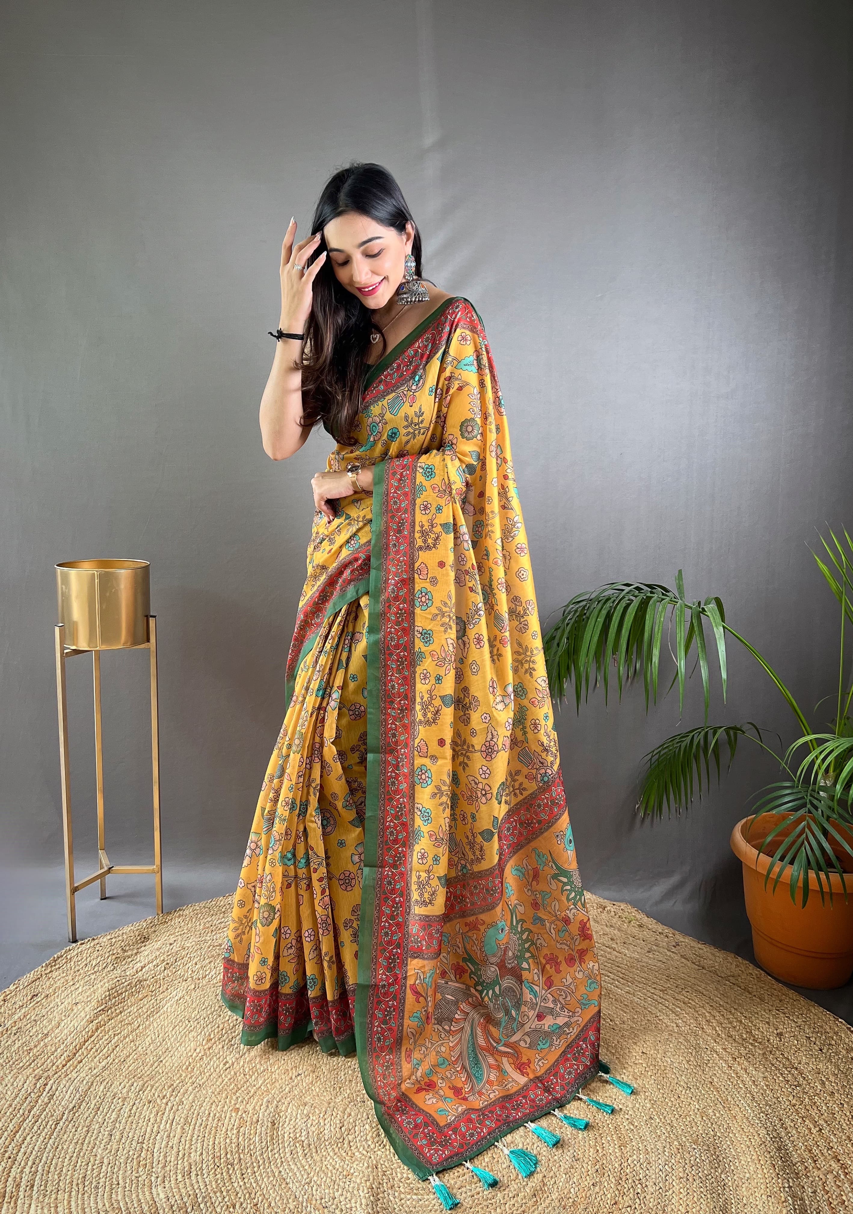 Mustard Pure Malai Cotton Kalamkari Print Saree