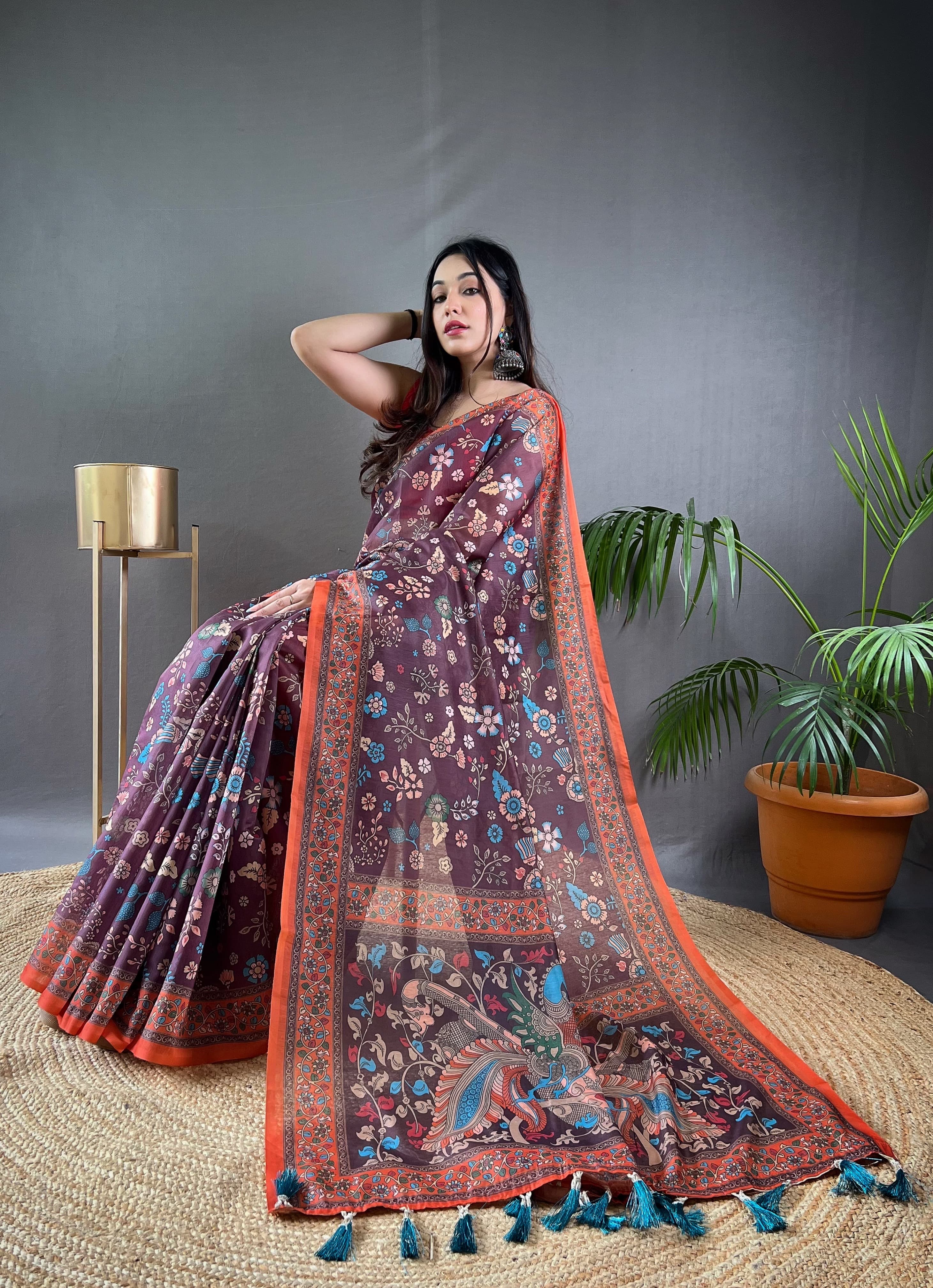 Russett Purple Pure Malai Cotton Kalamkari Print Saree Kalamkari Saree Anant Tex Exports Pvt.Ltd..