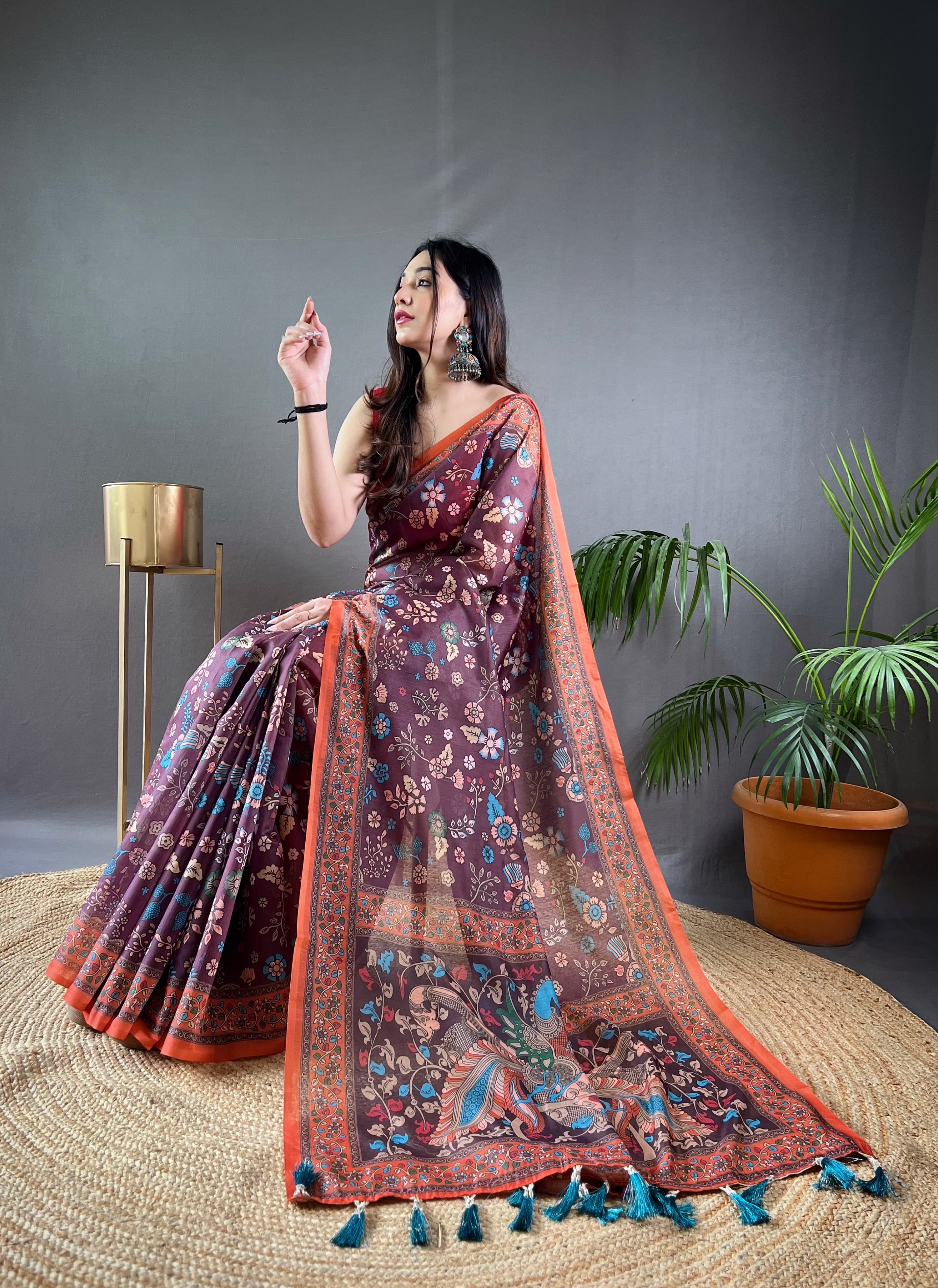 Russett Purple Pure Malai Cotton Kalamkari Print Saree Kalamkari Saree Anant Tex Exports Pvt.Ltd..
