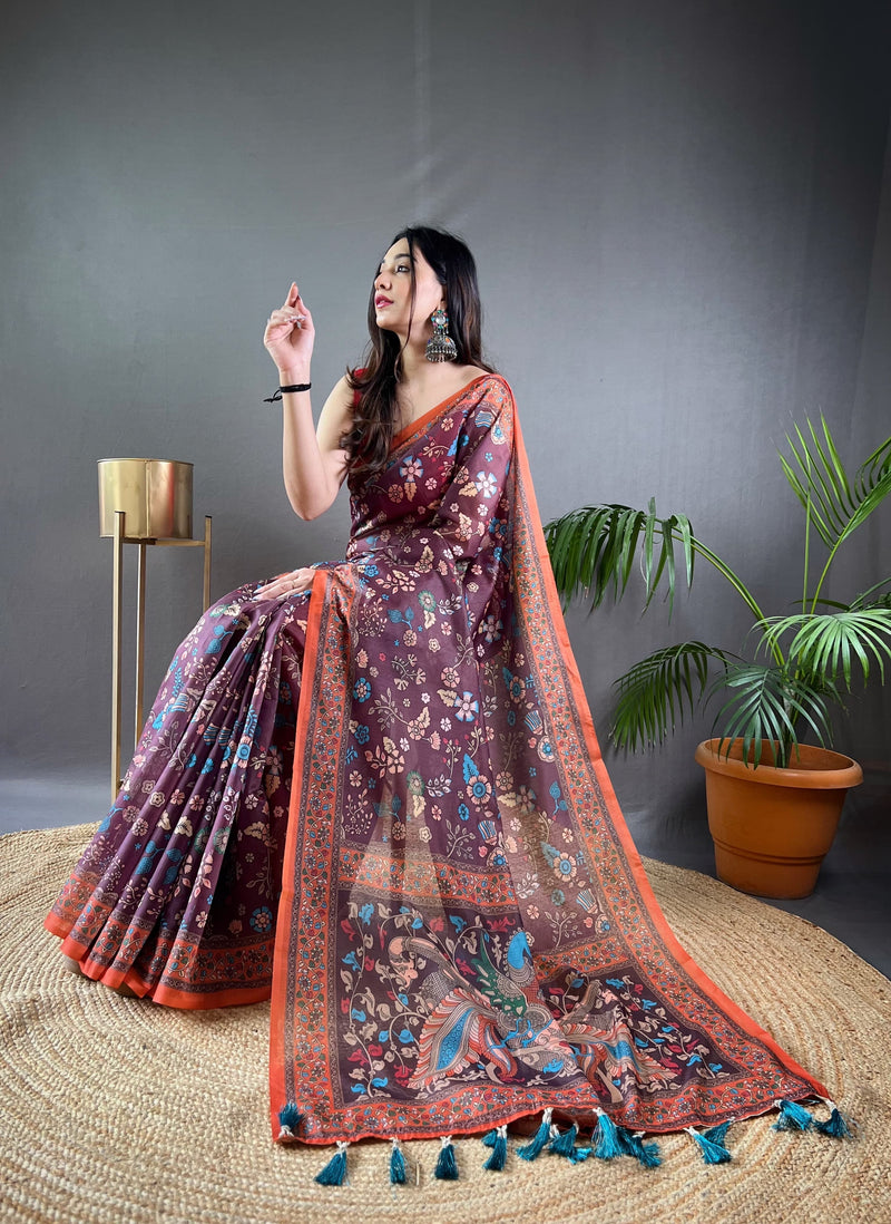 Russett Purple Pure Malai Cotton Kalamkari Print Saree
