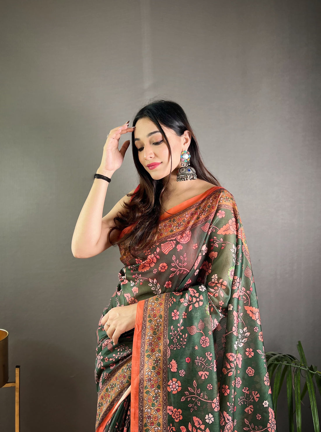 Green Pure Malai Cotton Kalamkari Print Saree Kalamkari Saree Anant Tex Exports Pvt.Ltd..