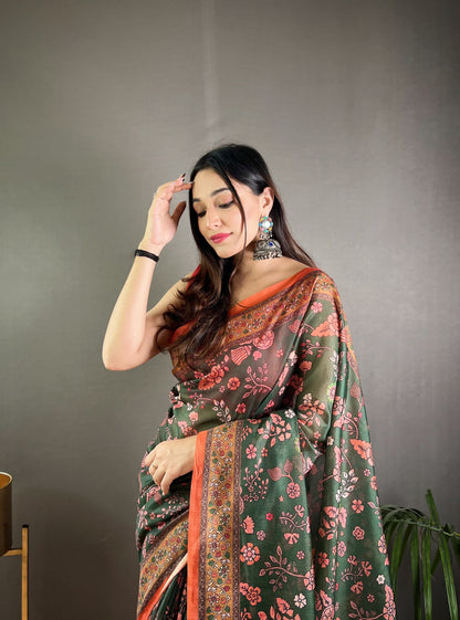 Green Pure Malai Cotton Kalamkari Print Saree Kalamkari Saree Anant Tex Exports Pvt.Ltd..