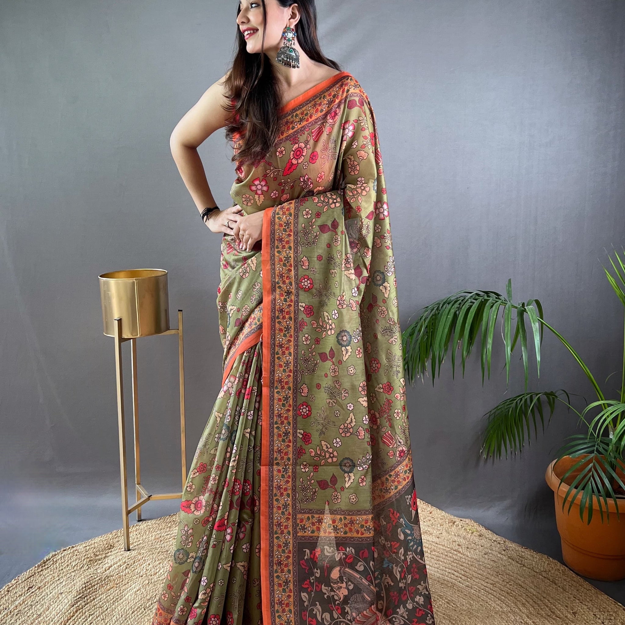 Mehandi Pure Malai Cotton Kalamkari Print Saree