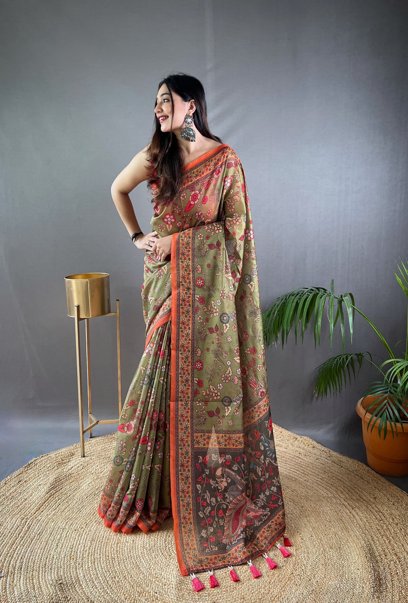 Mehandi Pure Malai Cotton Kalamkari Print Saree