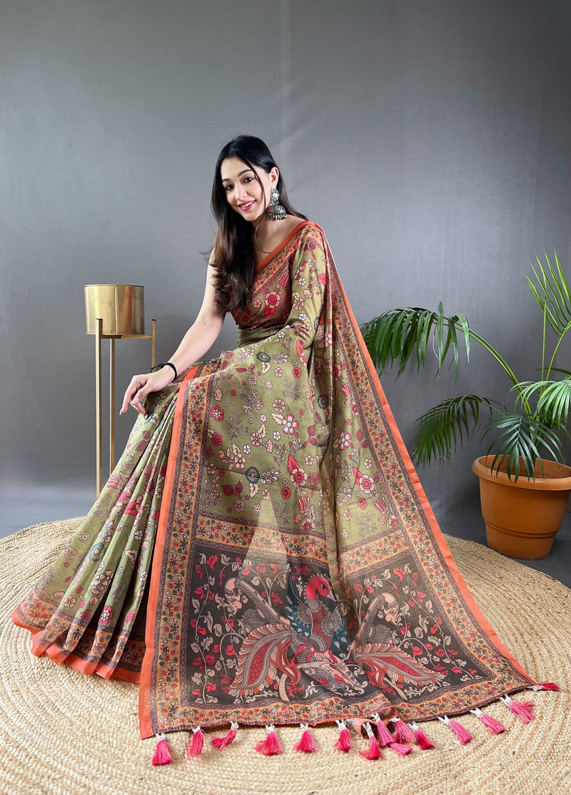 Mehandi Pure Malai Cotton Kalamkari Print Saree