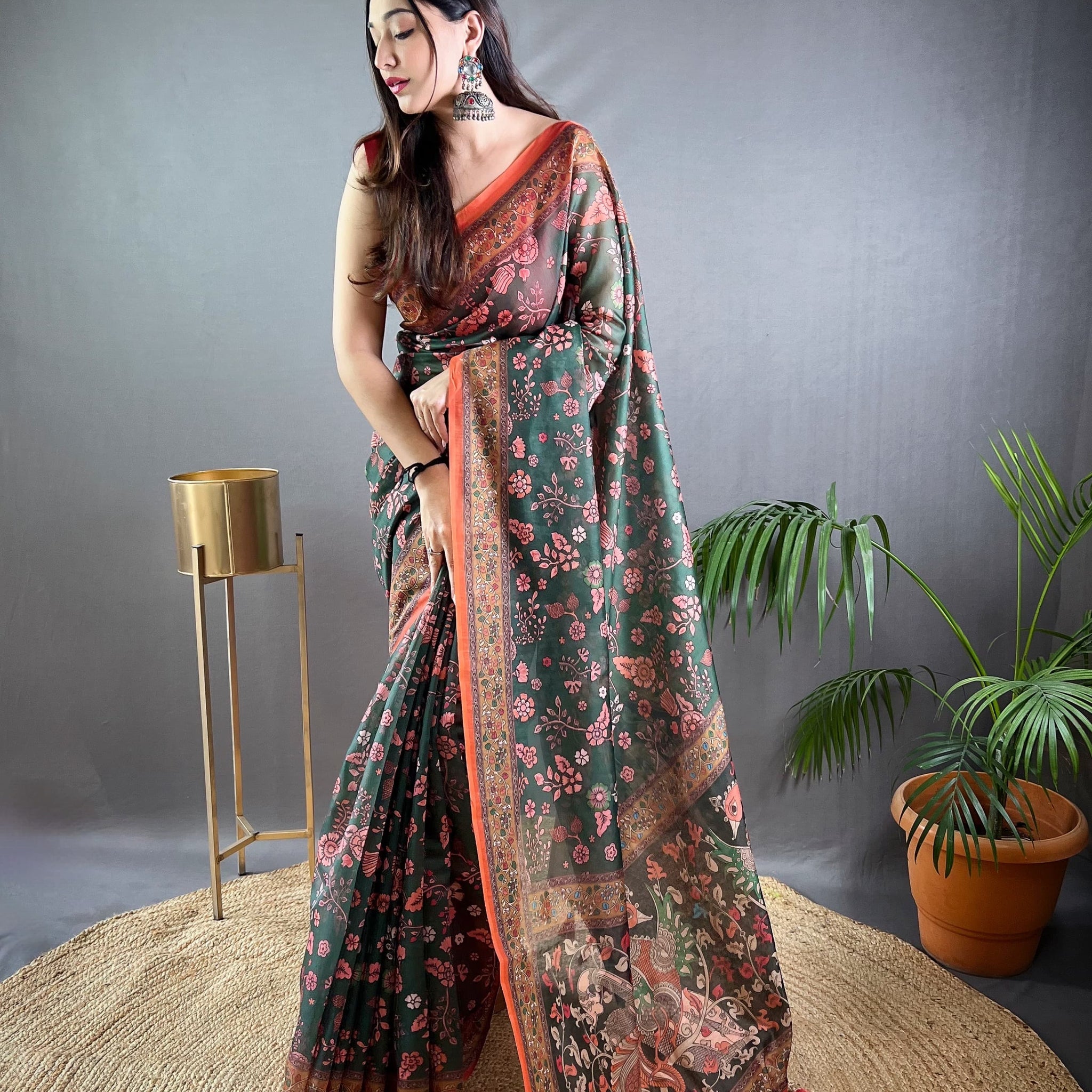 Green Pure Malai Cotton Kalamkari Print Saree