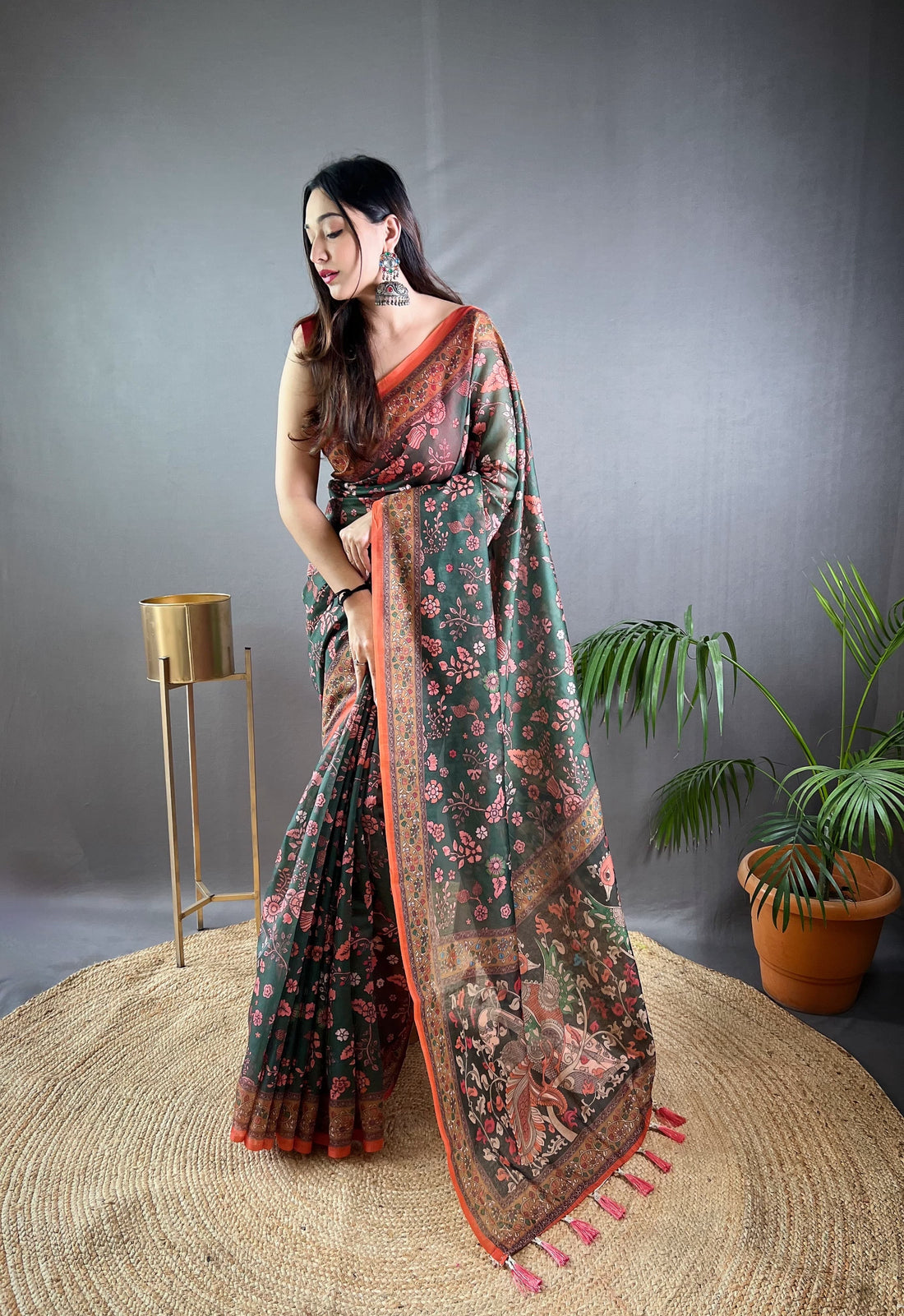 Green Pure Malai Cotton Kalamkari Print Saree Kalamkari Saree Anant Tex Exports Pvt.Ltd..