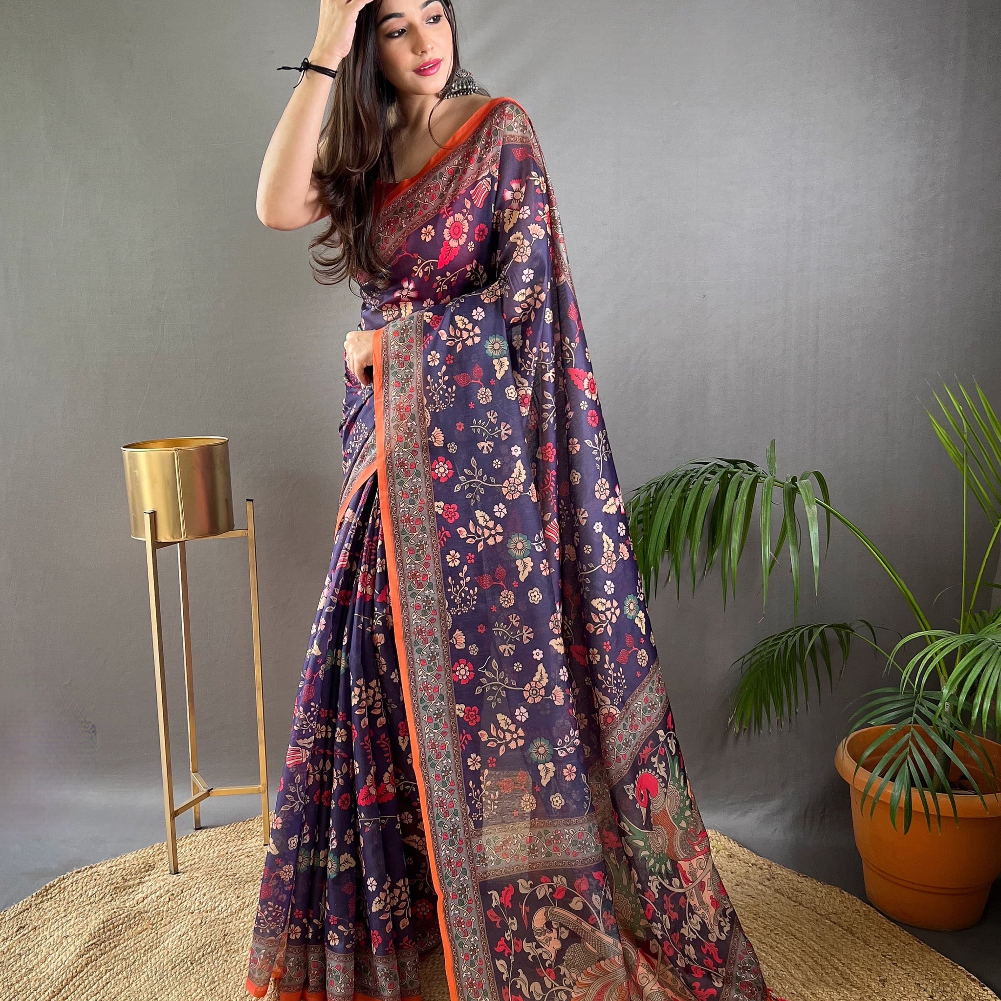 Navy Blue Pure Malai Cotton Kalamkari Print Saree