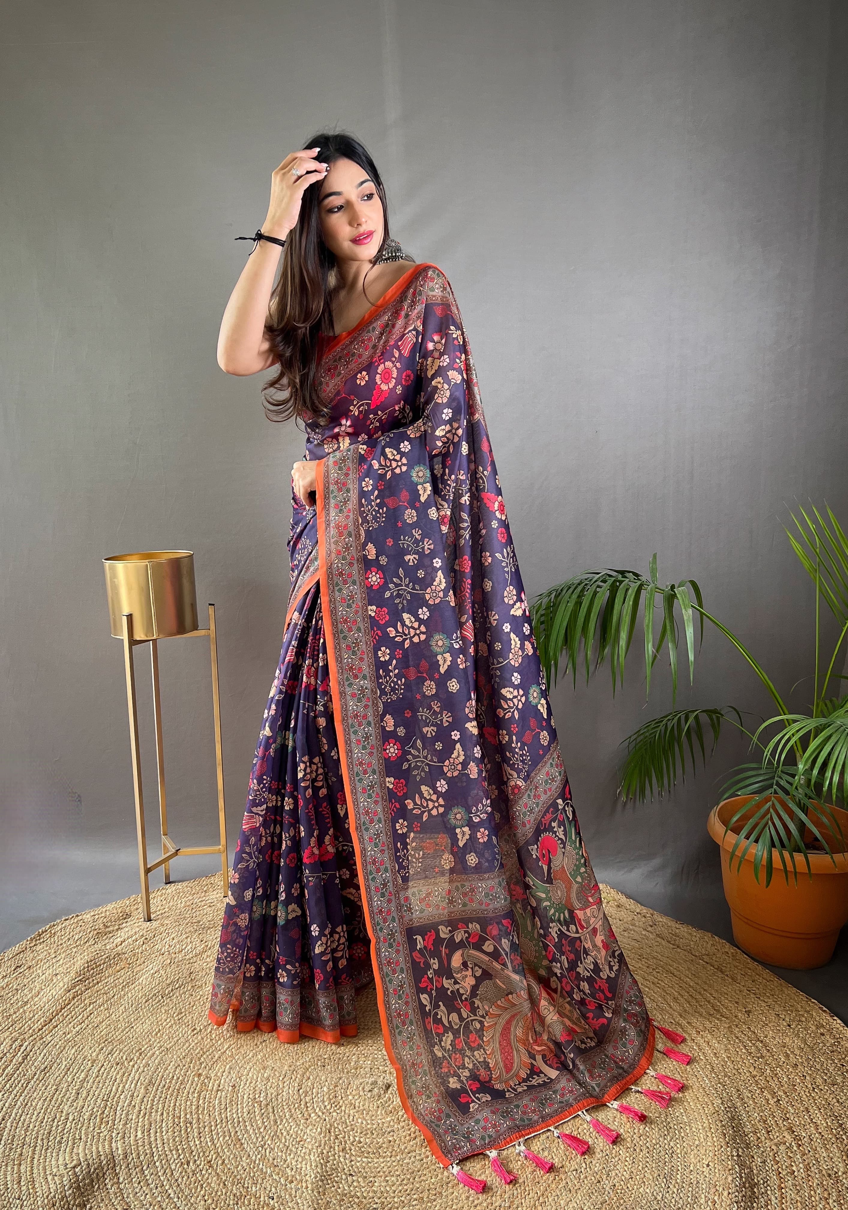 Navy Blue Pure Malai Cotton Kalamkari Print Saree