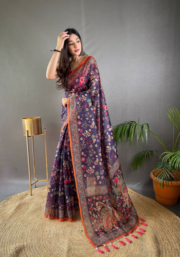 Navy Blue Pure Malai Cotton Kalamkari Print Saree