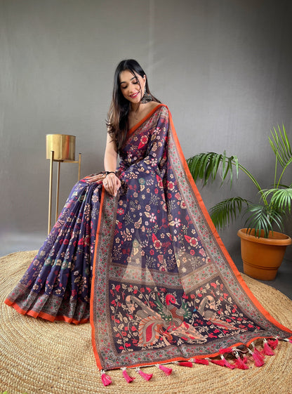 Navy Blue Pure Malai Cotton Kalamkari Print Saree Kalamkari Saree Anant Tex Exports Pvt.Ltd..