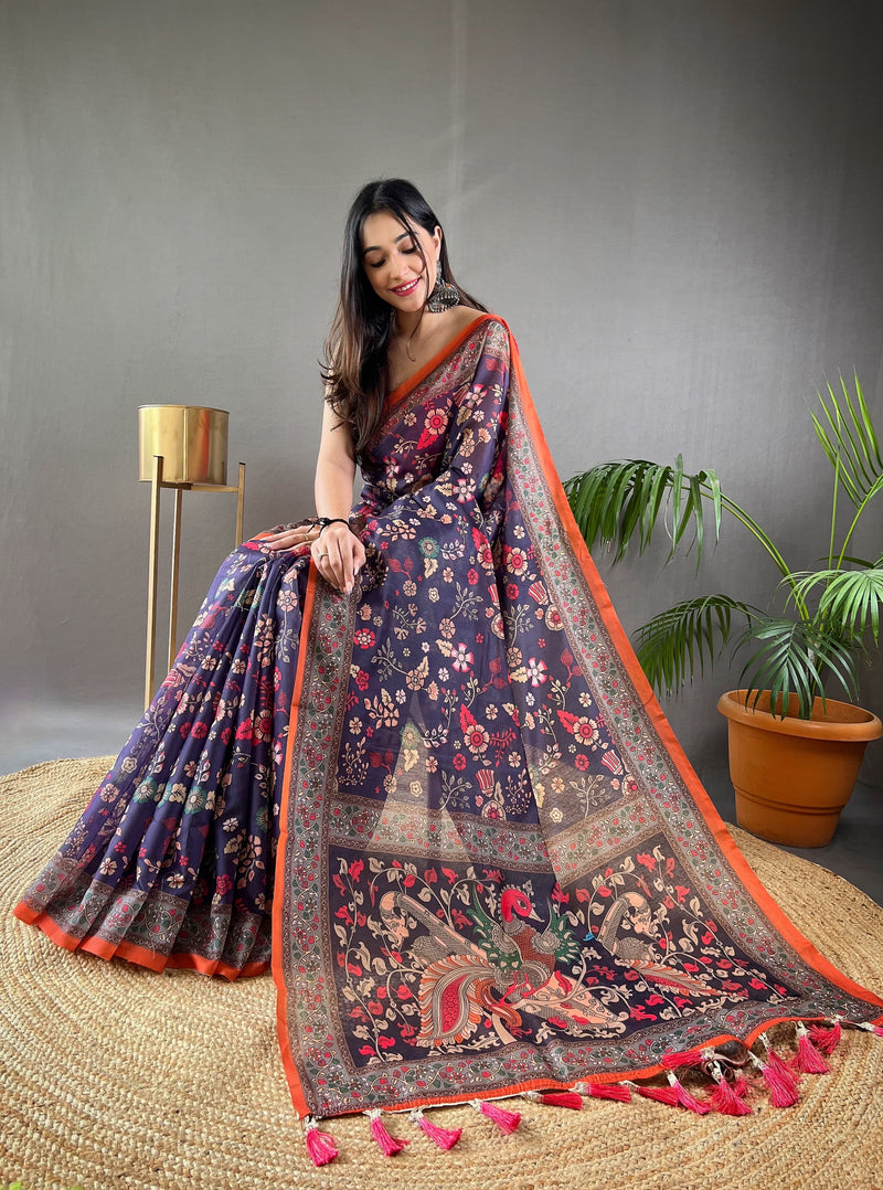 Navy Blue Pure Malai Cotton Kalamkari Print Saree