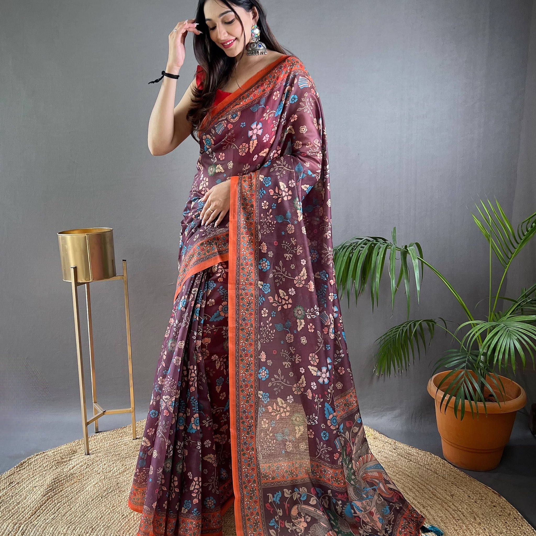 Russett Purple Pure Malai Cotton Kalamkari Print Saree