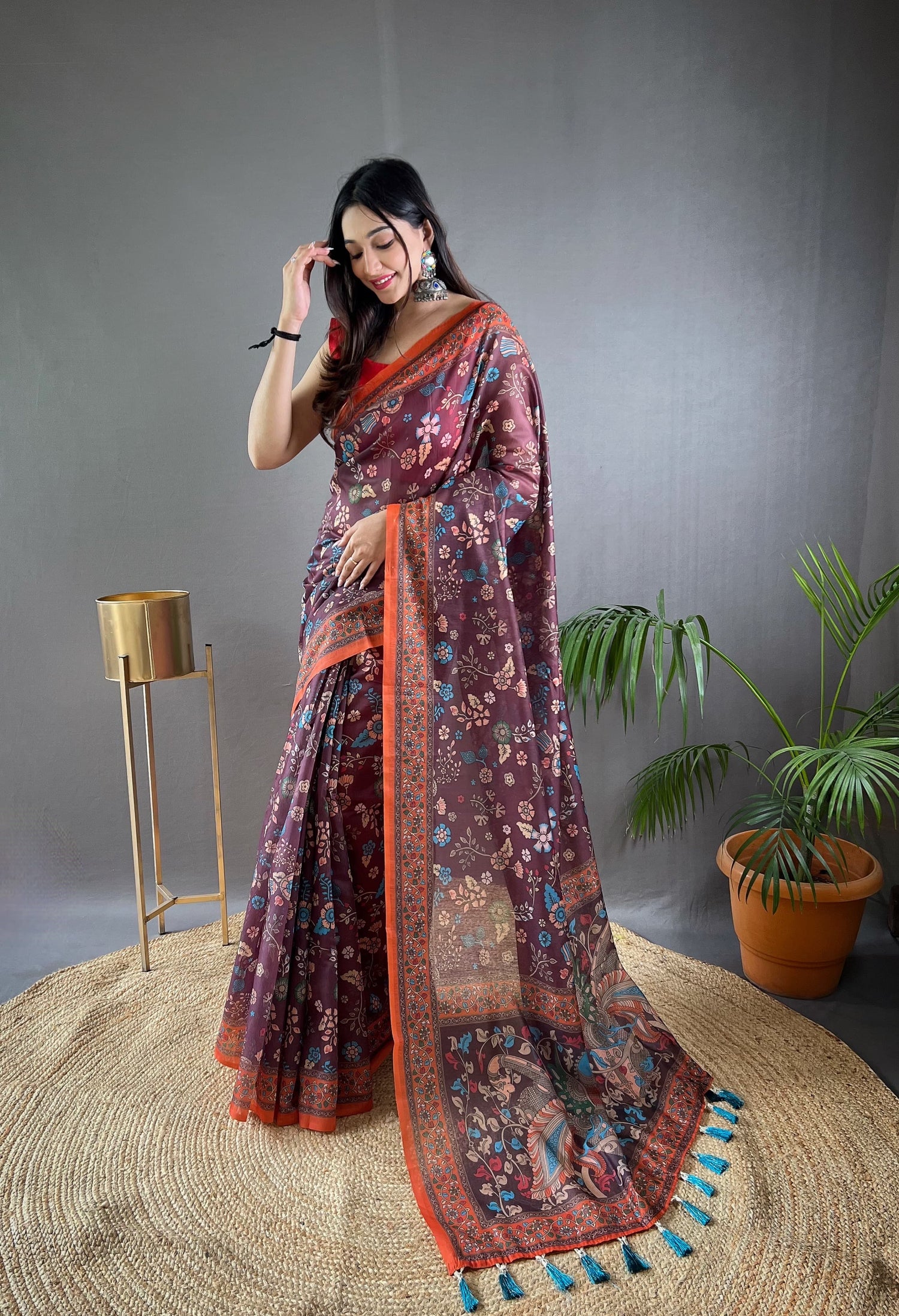 Russett Purple Pure Malai Cotton Kalamkari Print Saree Kalamkari Saree Anant Tex Exports Pvt.Ltd..