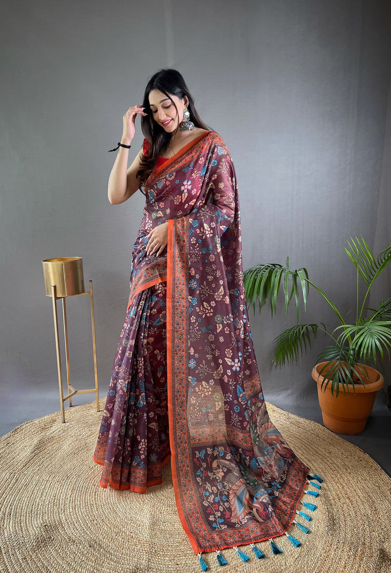 Russett Purple Pure Malai Cotton Kalamkari Print Saree